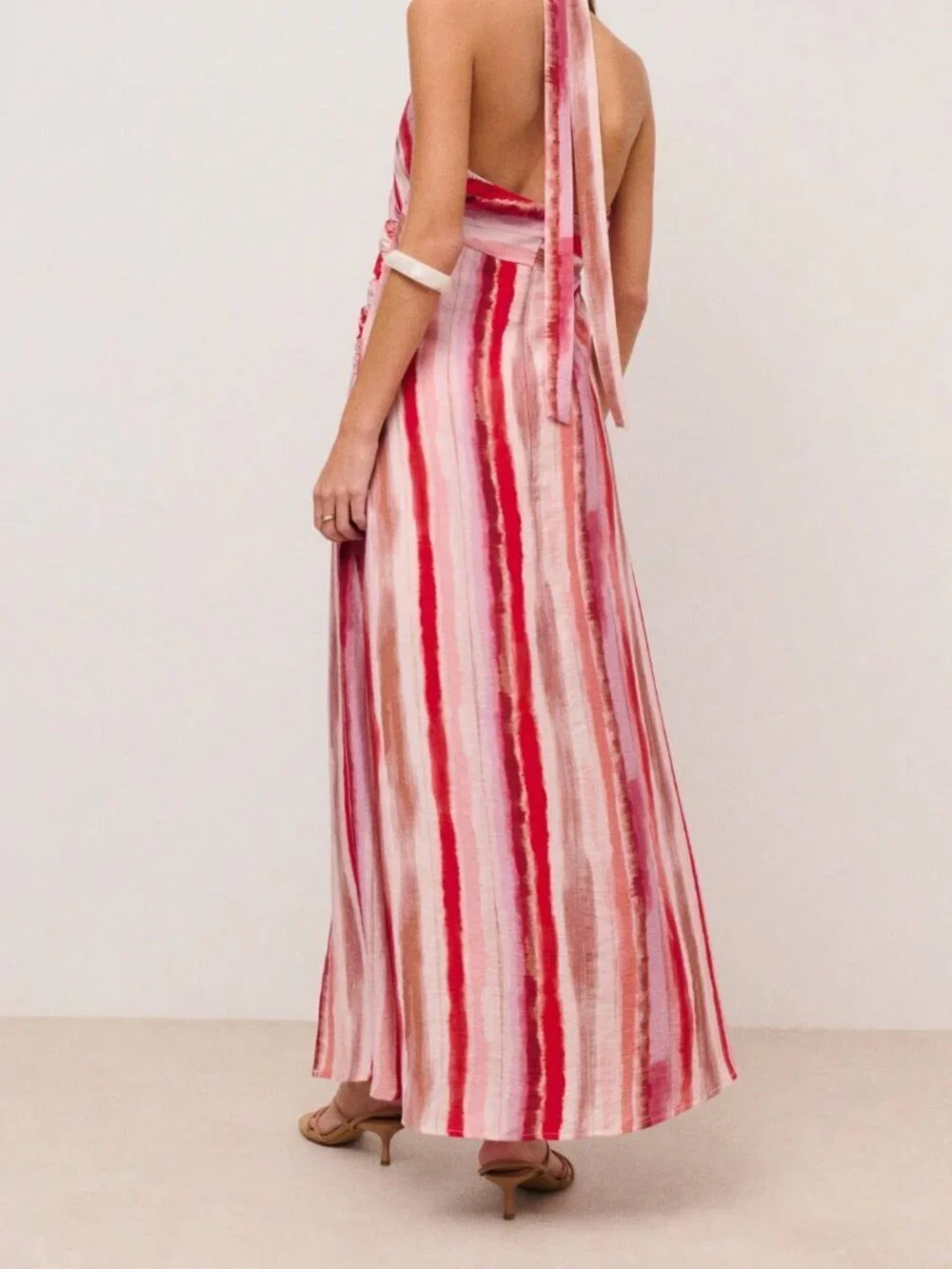 Hot Pink Long Casual Women's Vertical Stripe Dress with Ruched Waist